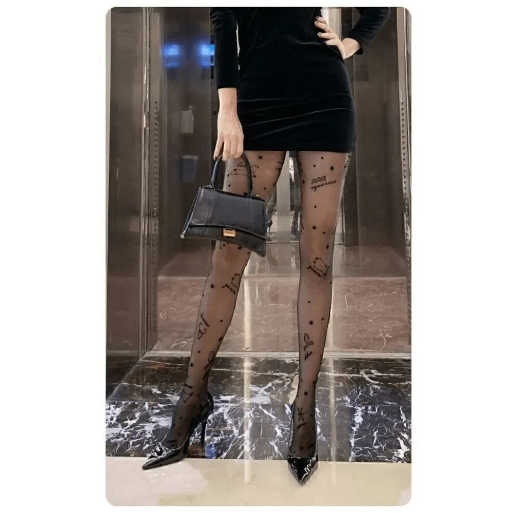 ⭐ Astrology Zodiac Constellations Tattoo Printed Black Sheer Nylon Tights NEW